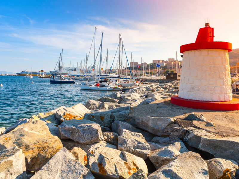 Ajaccio,Marina,Entrance,Pier,With,Red,And,White,Lighthouse,Tower