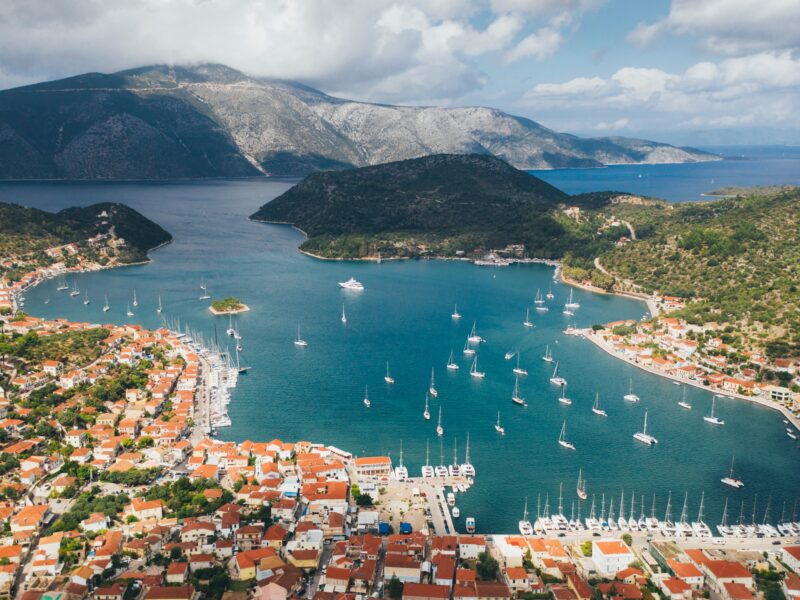Aerial,View,To,The,Bay,Of,Vathi,,Ithaca,,Greece
